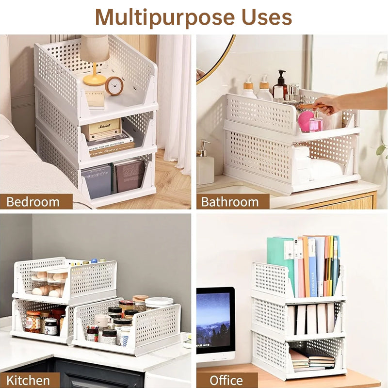 4-Pack Stackable Plastic Closet Organizer Bins – Foldable Storage Baskets with Slide-Out Rails