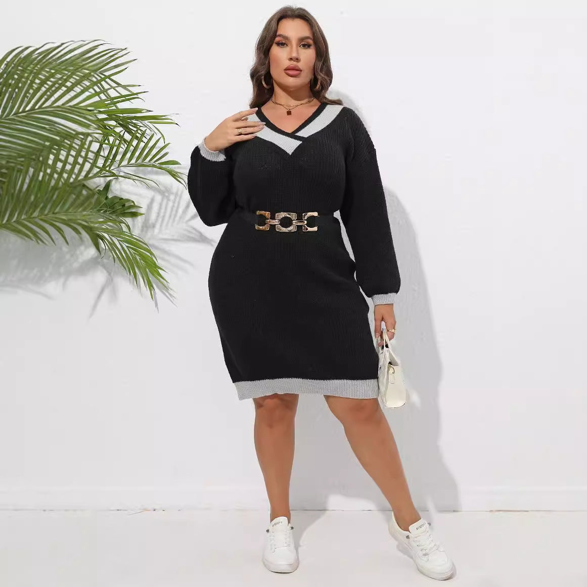 Ladies' Knitted Dress, Plus Size, Woven Knit, V-Neck, Color-block Splicing, Bodycon Silhouette, Sweater Dress