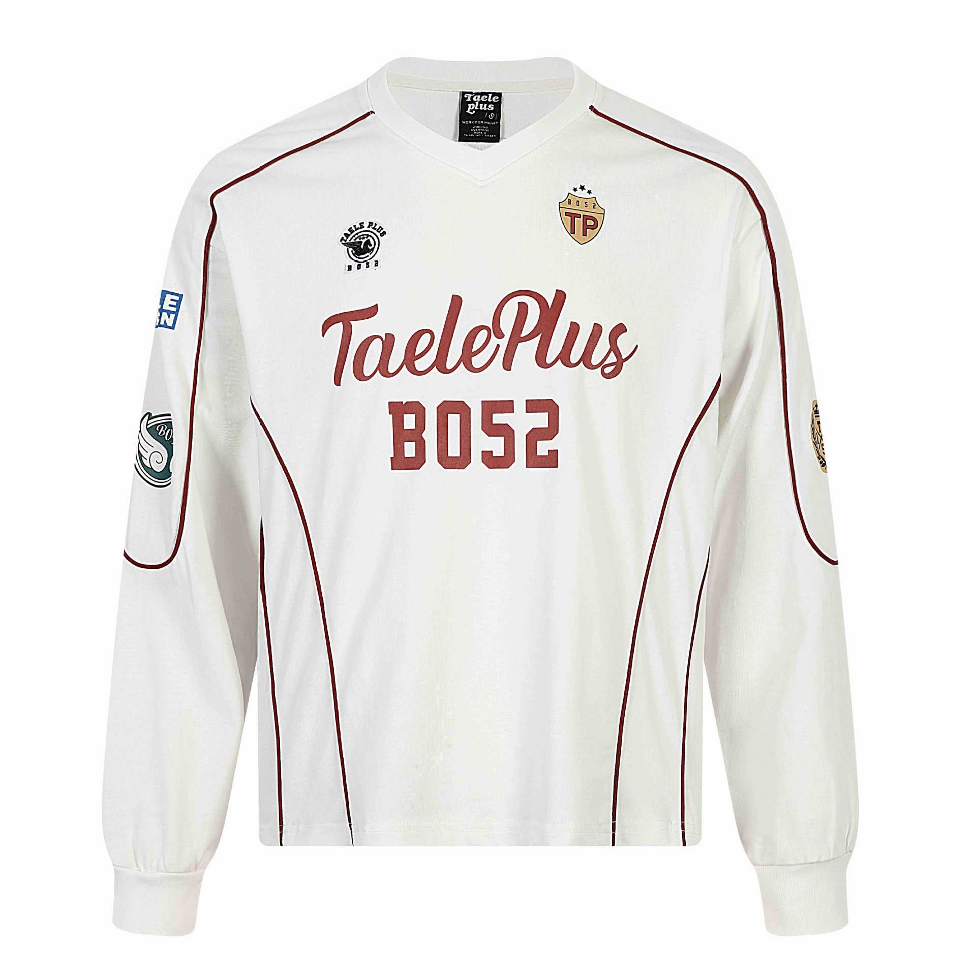 Sporty Split Printed Patch V-Neck Vintage Spliced Long Sleeve T-Shirt