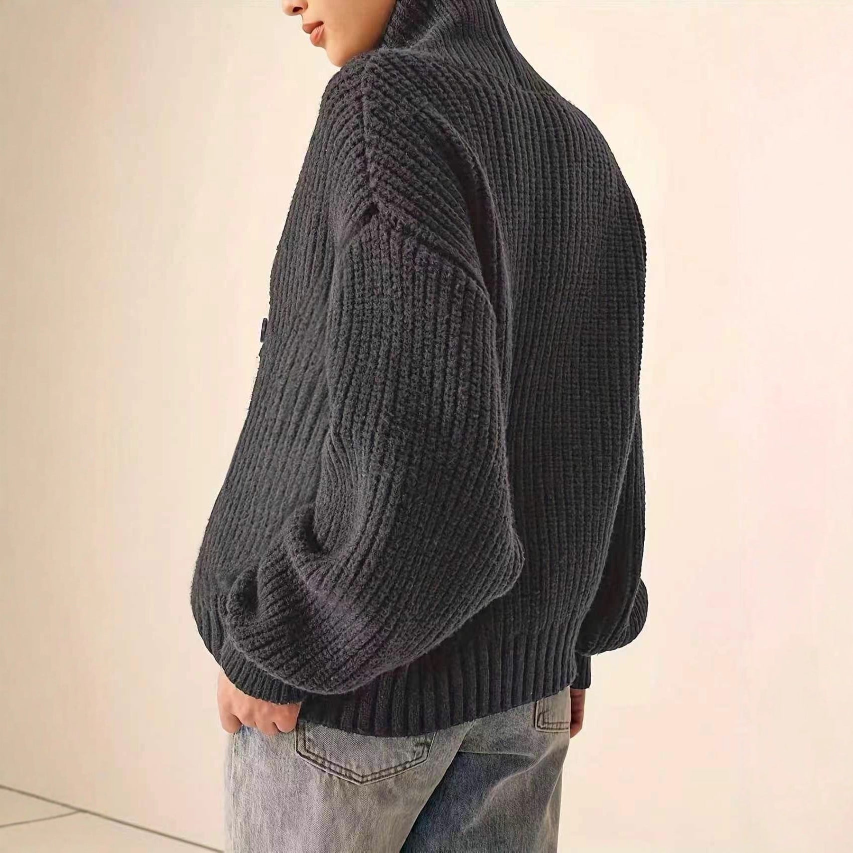 Elegant Casual Knit Cardigan with Loose Relaxed Stand-up Collar and Double-breasted Button Design