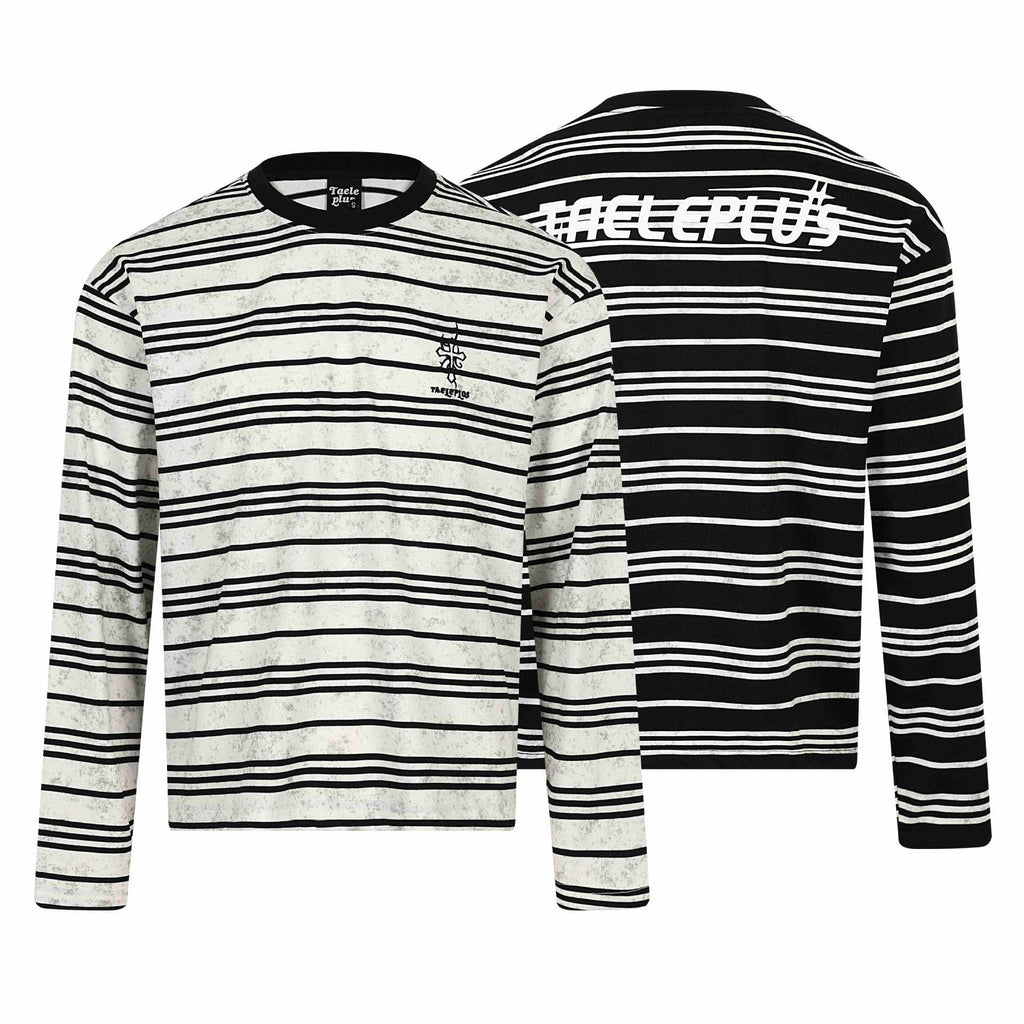 Distressed Black and White Striped Slogan Embroidered Loose Long Sleeve T-Shirt