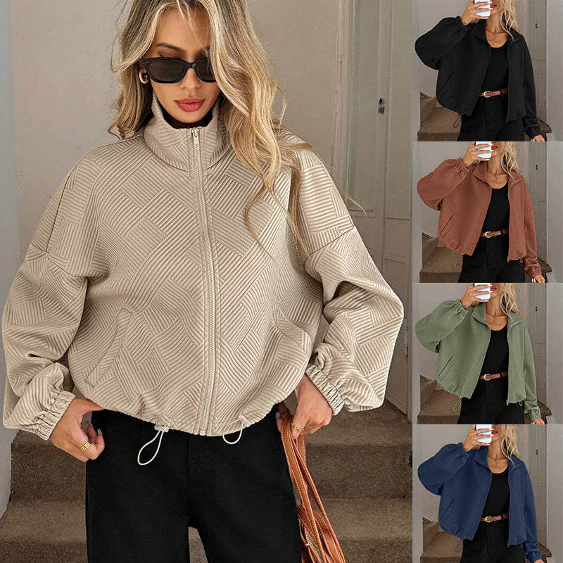 High neck zipper hem drawstring pocket women's loose jacket