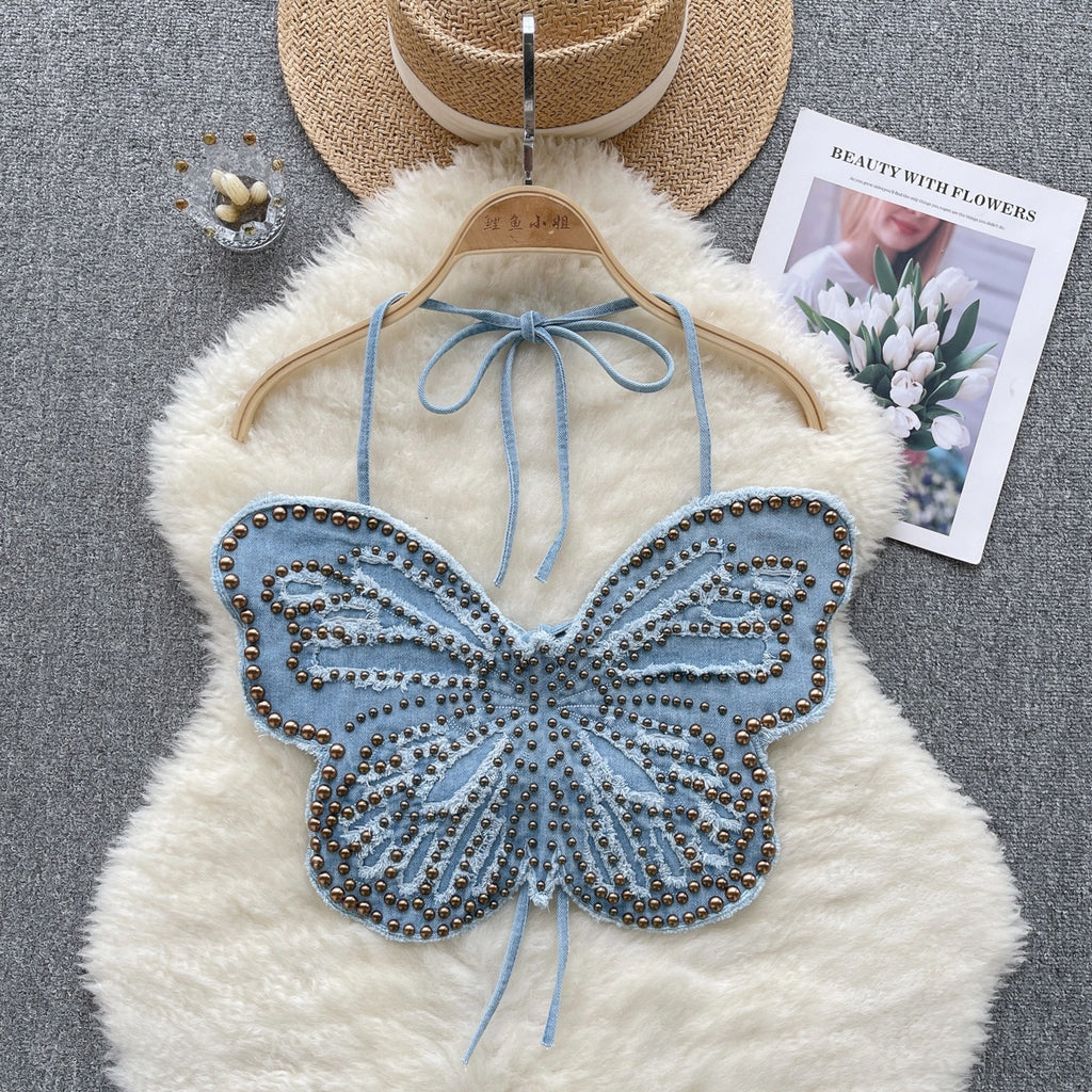 Women’s Backless Denim Butterfly Halter Top