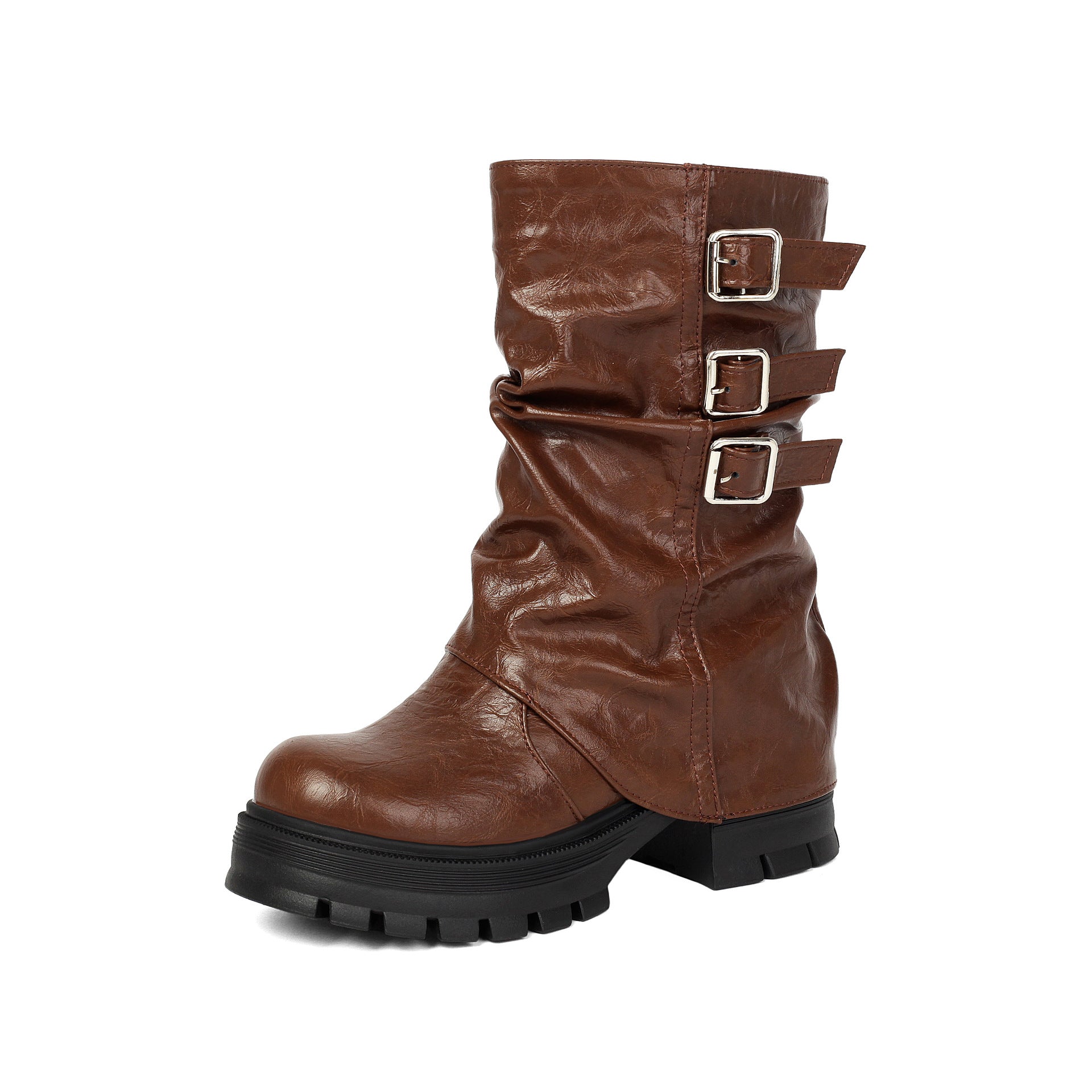 Brown Buckle Chunky Boots