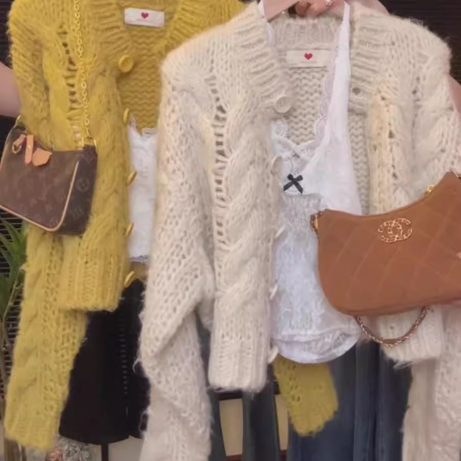 Laid-back Style Soft Knit Sweater, French Vintage Yellow Single-breasted Long Sleeve Sweater Coat for Women
