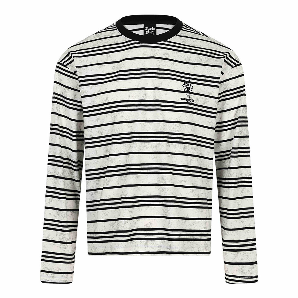 Distressed Black and White Striped Slogan Embroidered Loose Long Sleeve T-Shirt