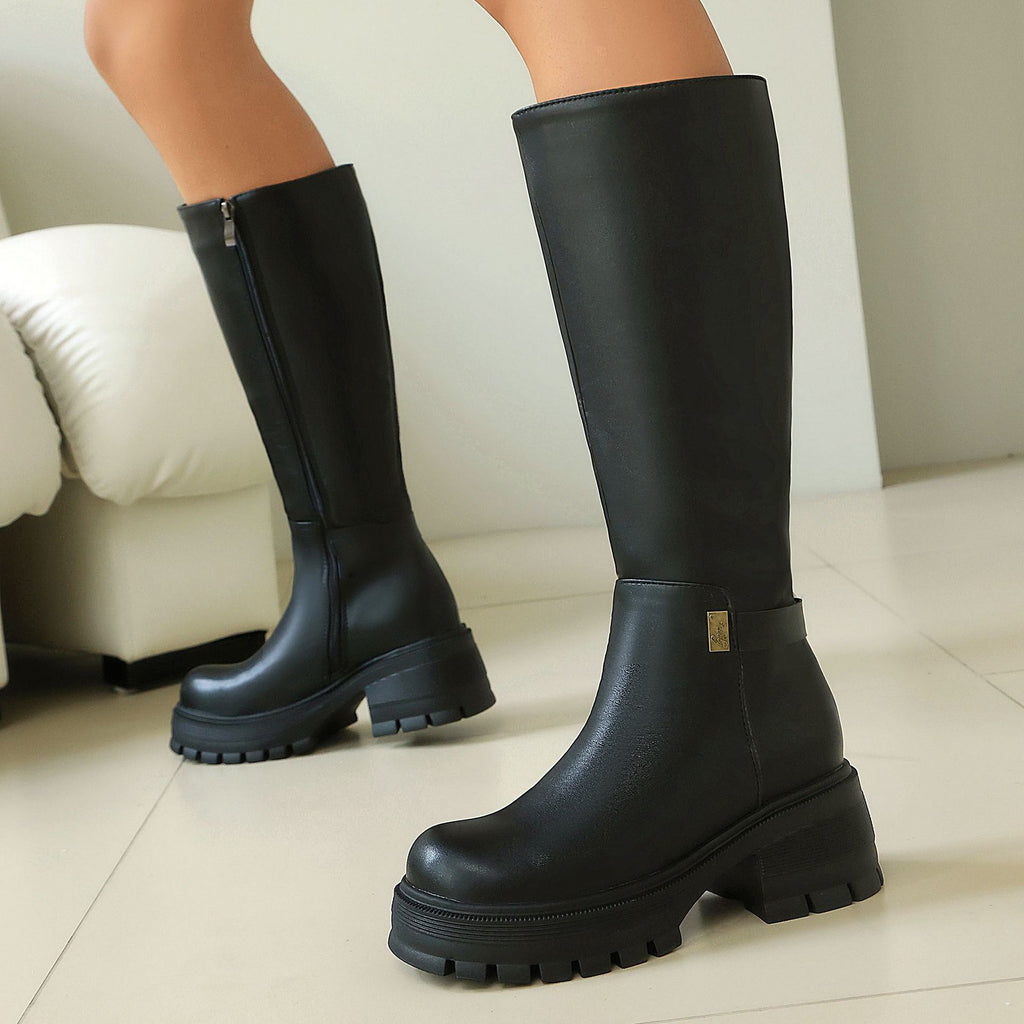 Black Knee-High Chunky Heel Boots