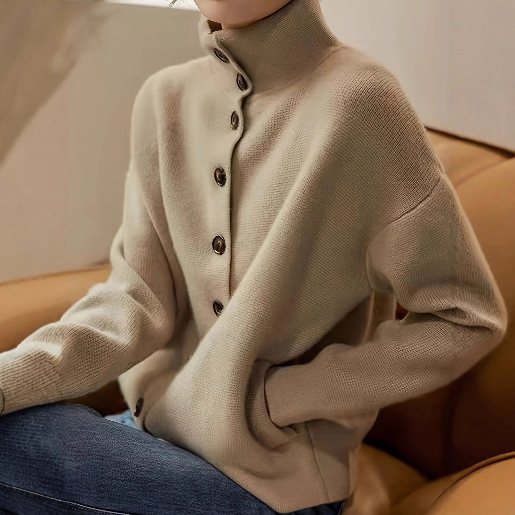 Autumn/Winter Women's Versatile Solid Color Casual Single-Button Stand Collar Long Sleeve Knit Cardigan, Elegant and Simple