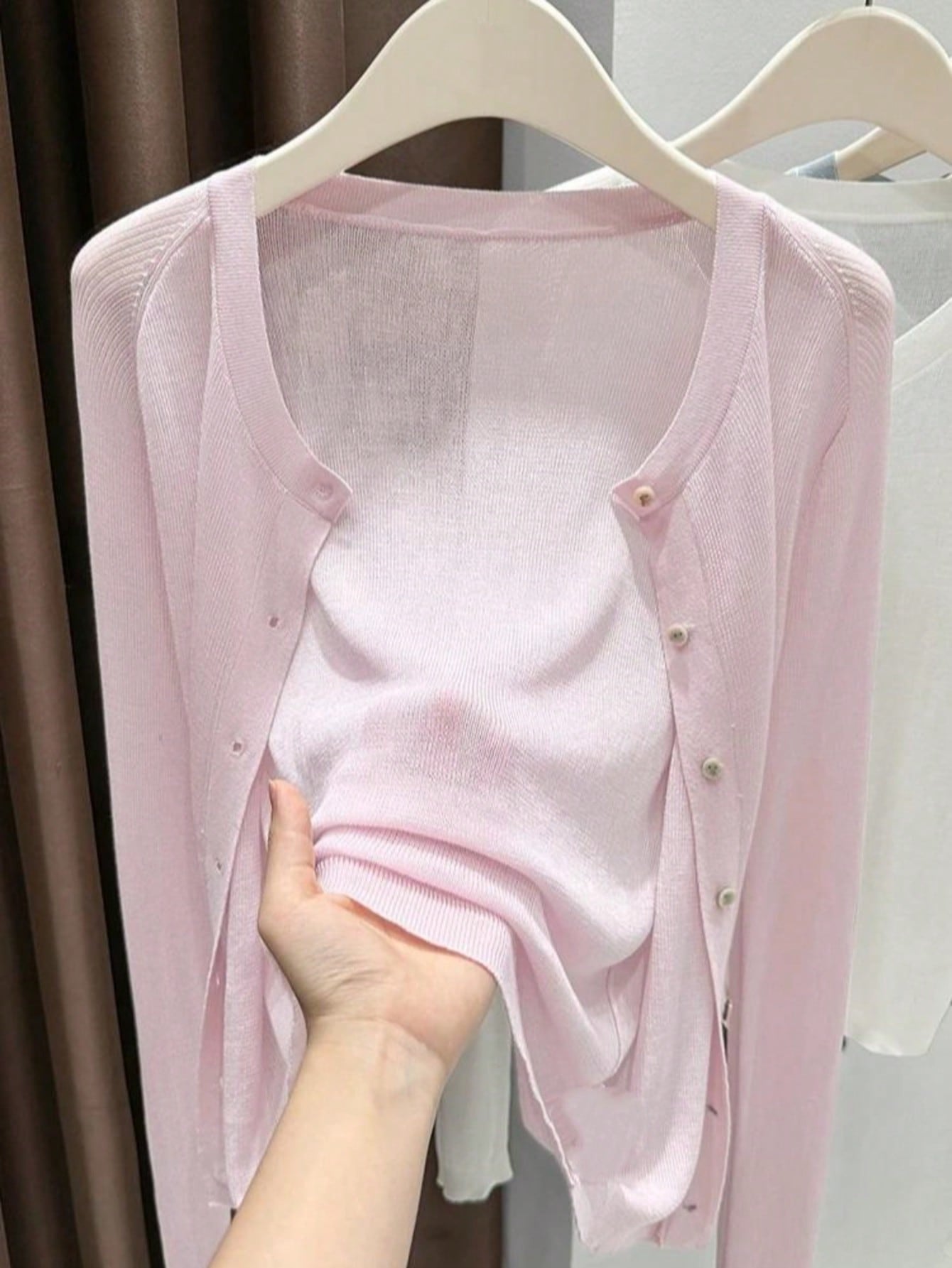 Spring Summer Women's Knit Cardigan Solid Color Round Neck Long Sleeve Lightweight Semi-Transparent Lyocell Tencel Cardigan