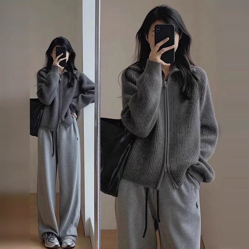 Vintage Gray Lapel Knit Cardigan Coat for Women, Spring and Autumn, Loose Bohemian Style, Wearable Double Zipper High Neck