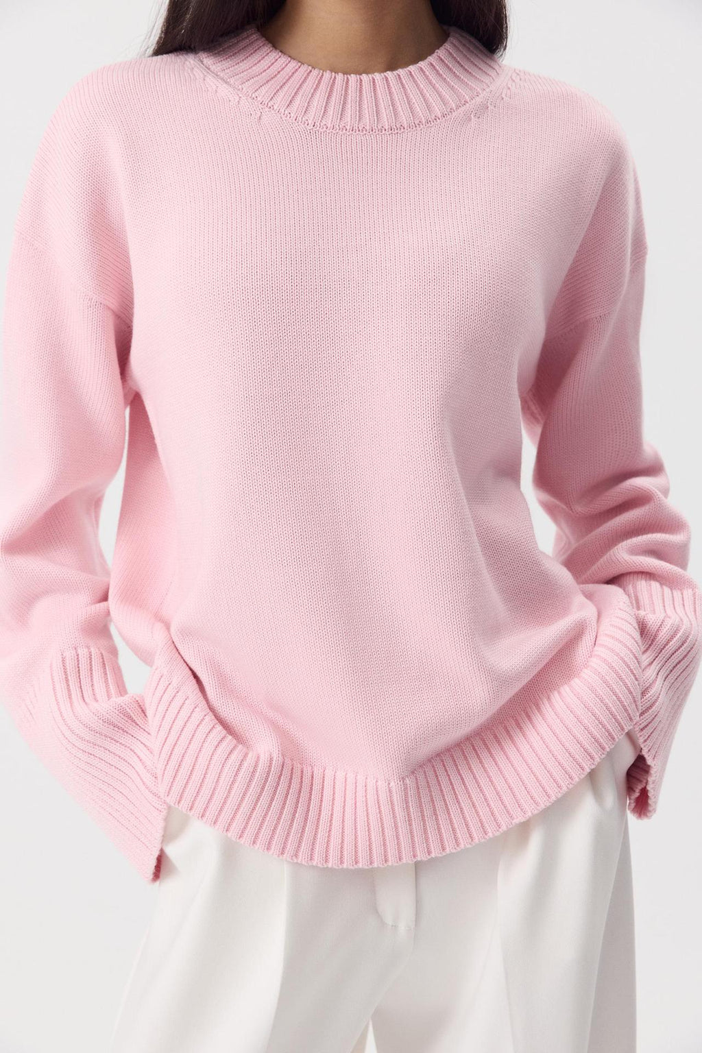 Loose Round Neck Pure Cotton Knit Sweater Solid Color Lazy Style Long Sleeve Pullover