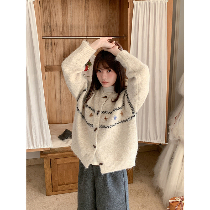 Soft Knit Sweater for Women with Horn Button and Embroidered Design Cozy and Comfortable, Retro Fashion, Spring and Autumn Wear