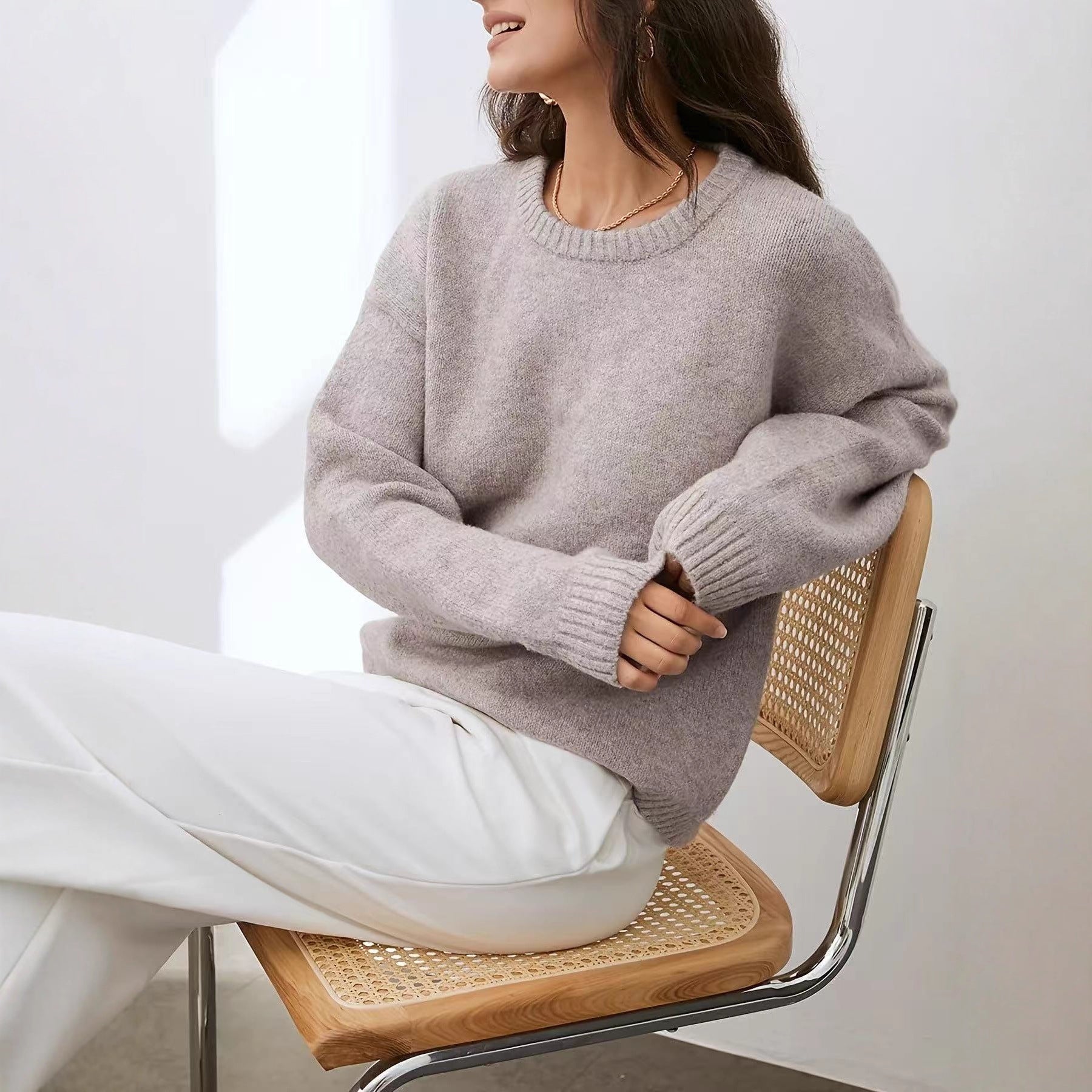 Solid Color Round Neck Sweater for Women, Soft Knit Top for Autumn and Winter
