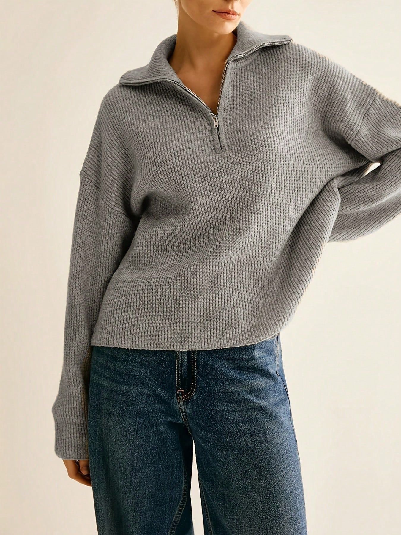 Elegant Casual Pullover for Women, Solid Color, Half-Zip Design with Lapel Collar
