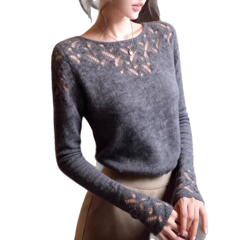 Hollow-out Mature Soft Knitwear Inner Layer Gentle Slimming Sweater Spring Lazy Skin-friendly Long Sleeve Top