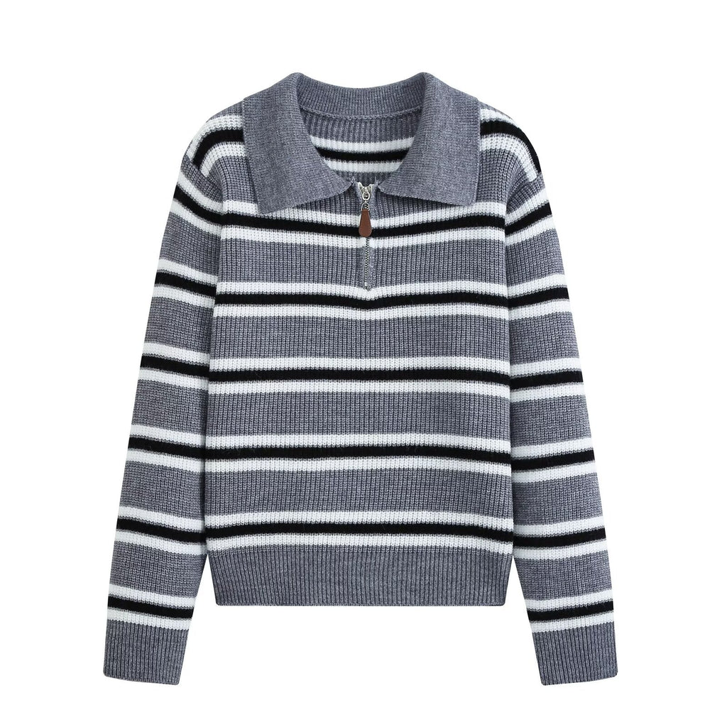 Lazy style simple casual zipper striped knitted sweater