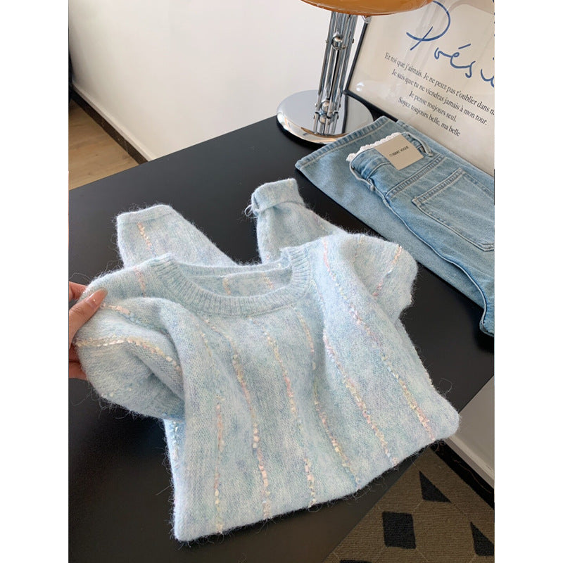 Chic Blue Stripe Crewneck Long Sleeve Knit Sweater for Women, Wearable as Outer or Inner Layer, Soft and Elegant Top