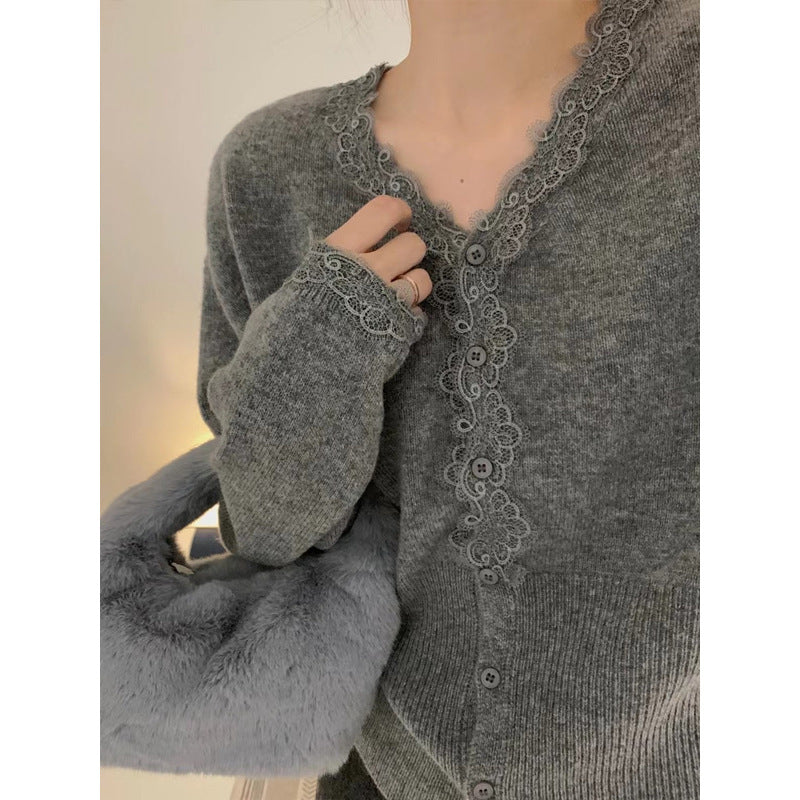 Lace Trim V-Neck Long Sleeve Knit Cardigan for Women, Versatile and Elegant Sweater Top