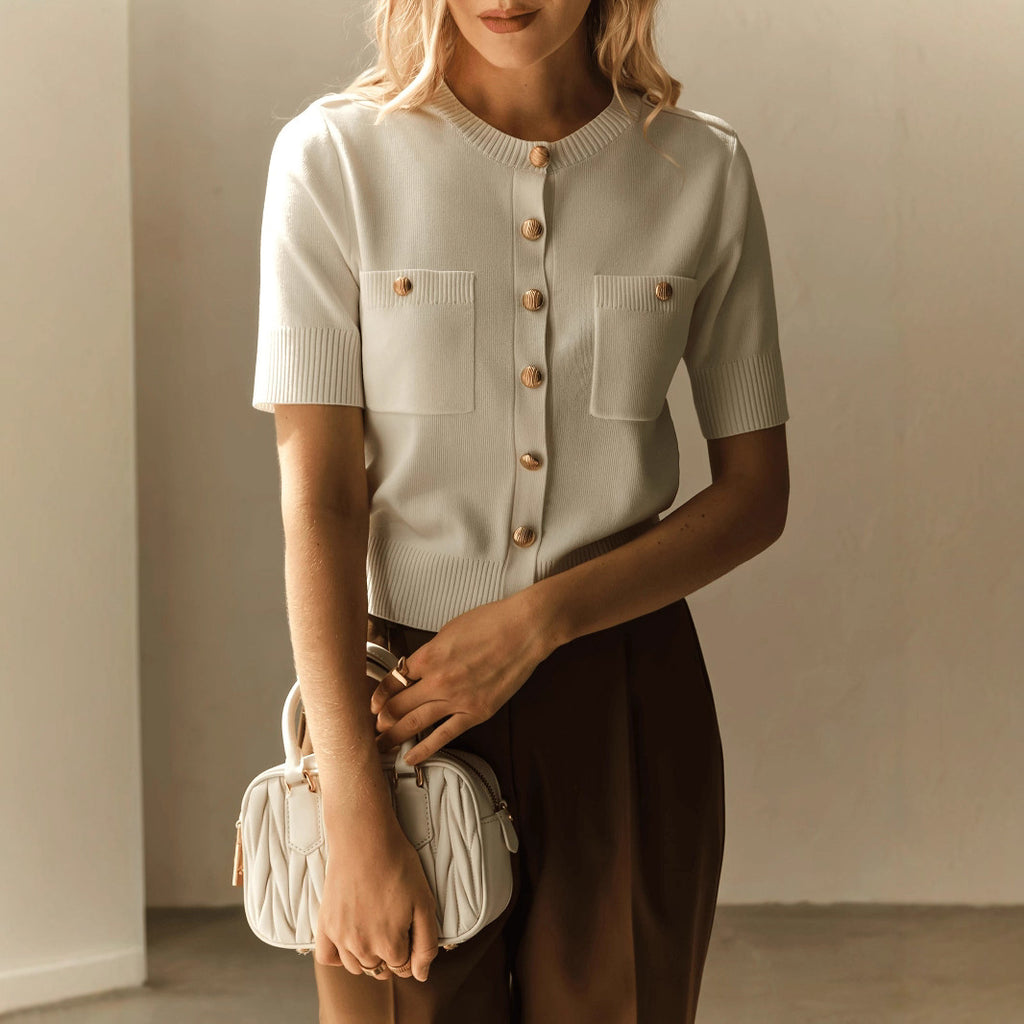 Elegant Knitted Cardigan with Metal Button and Double Pockets, Simple and Stylish Round Neck Top