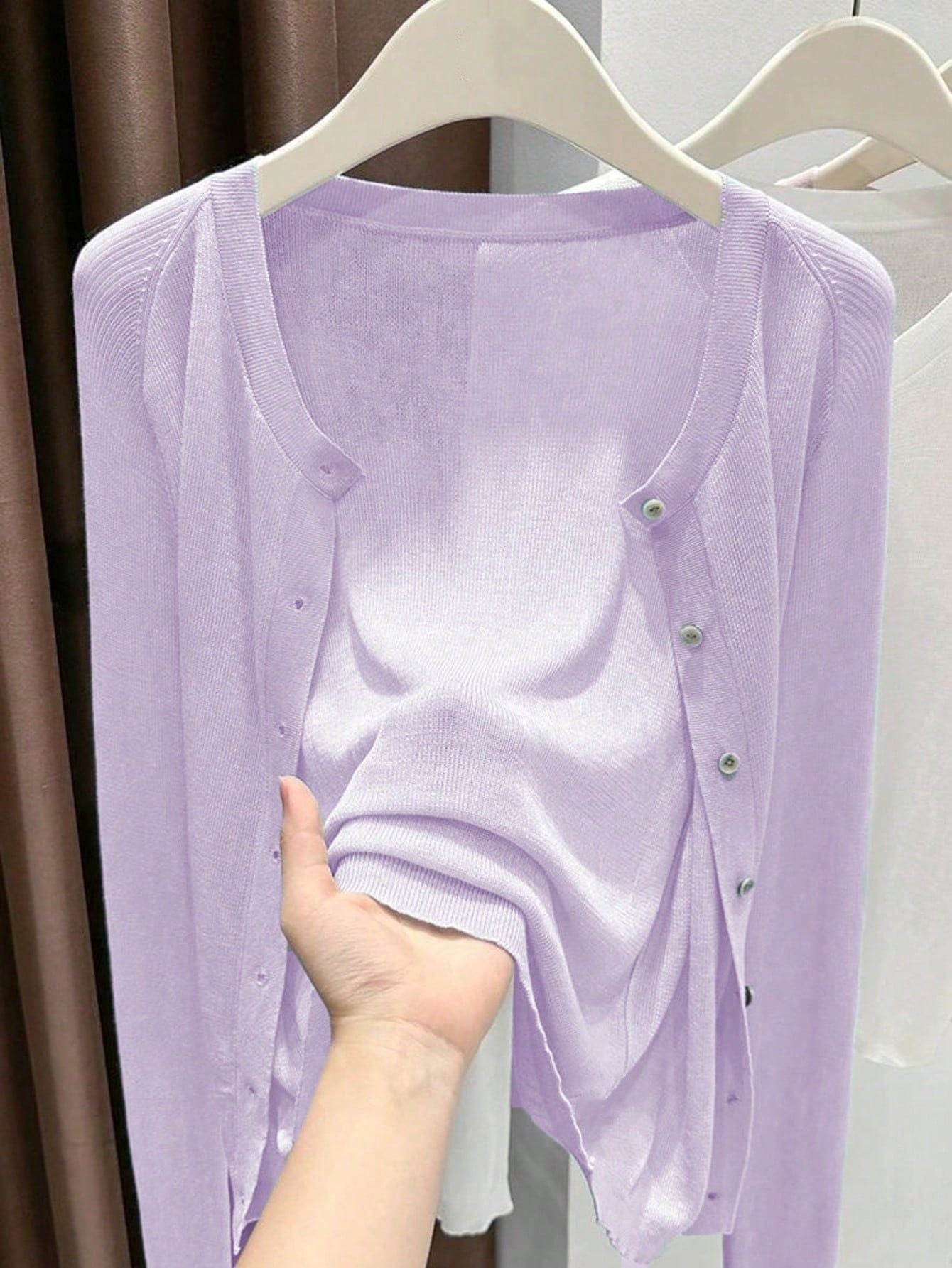 Spring Summer Women's Knit Cardigan Solid Color Round Neck Long Sleeve Lightweight Semi-Transparent Lyocell Tencel Cardigan