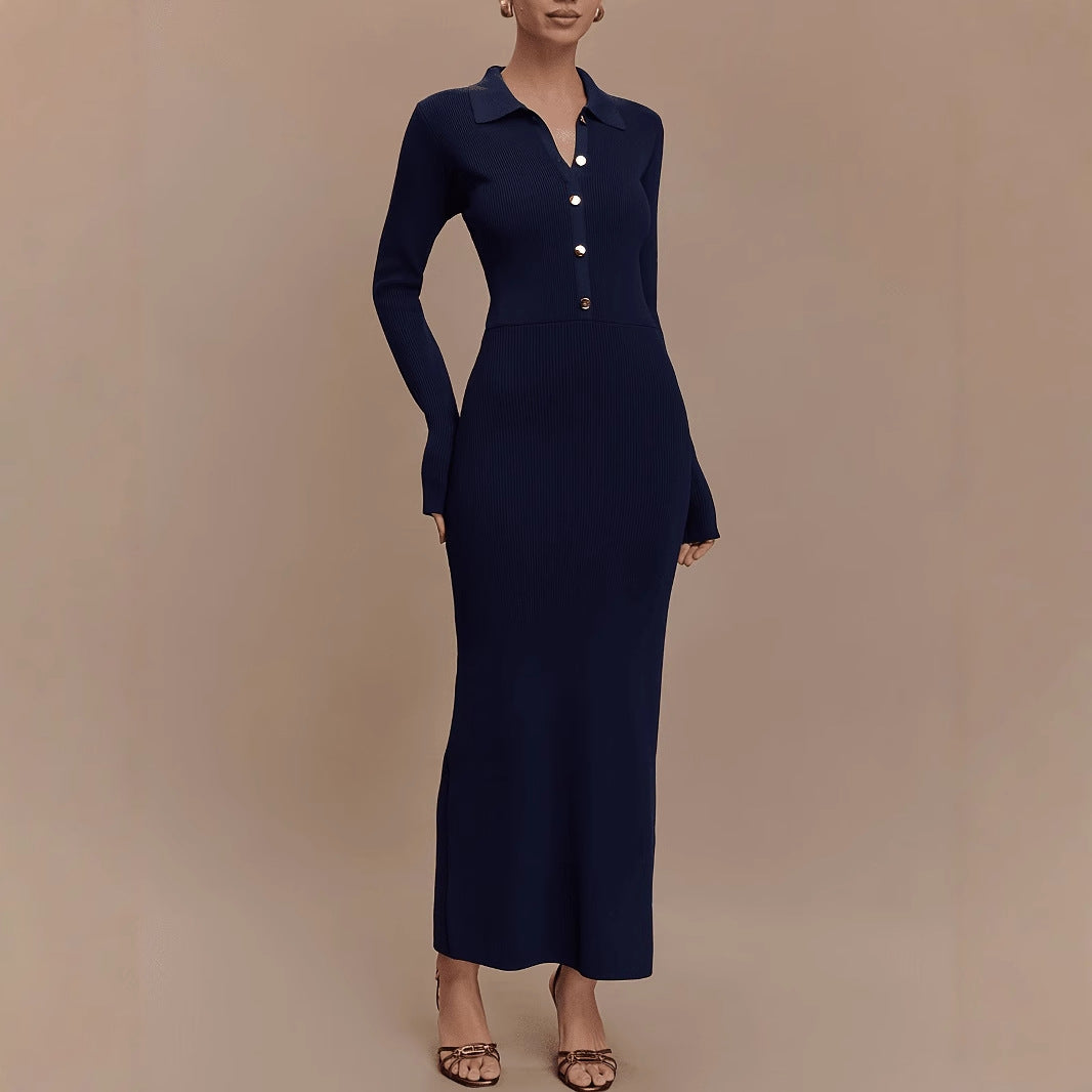 Autumn winter knitted dress women slim fit button comfortable elegant chic