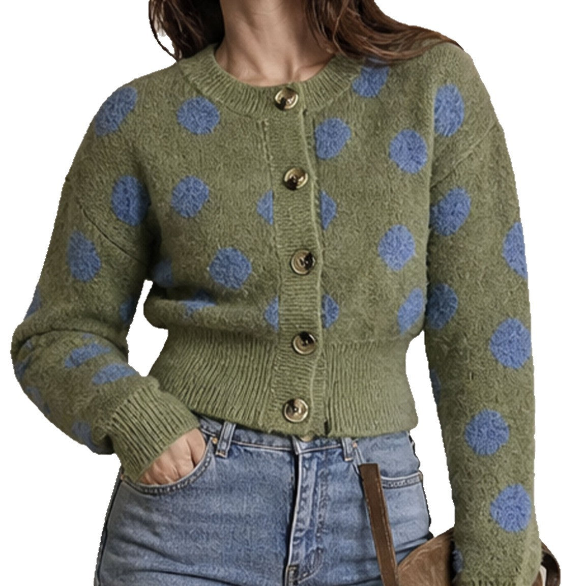 Vintage Round Neck Open Front Knit Sweater Women Autumn Winter New Green Polka Dot Single Buttoned Top Coat
