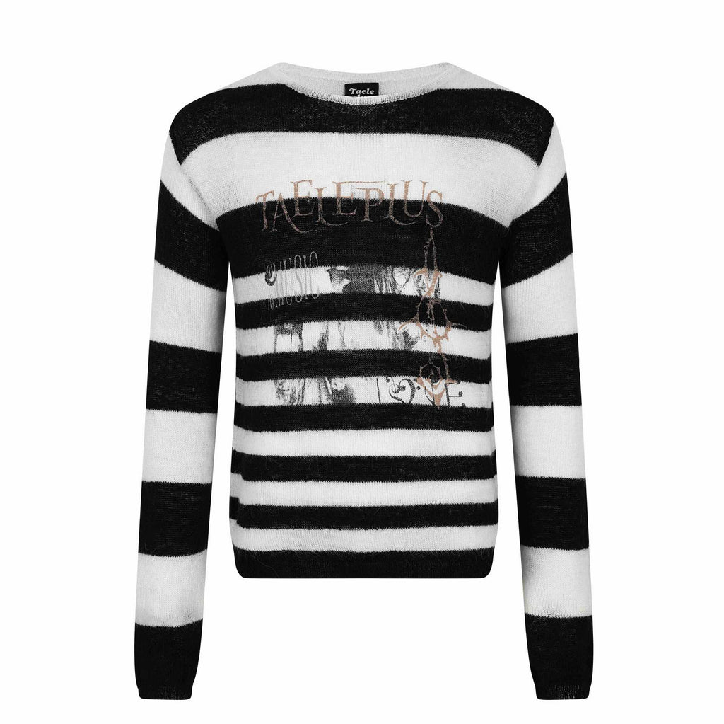 Black and White Stripe Portrait Design Round Neck Pullover Sweater Men