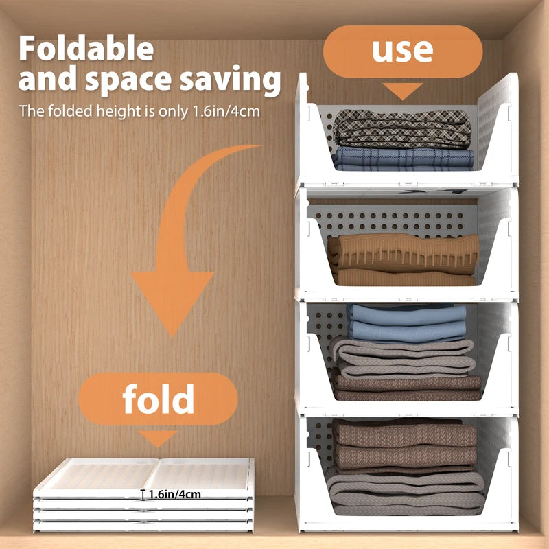 4-Pack Stackable Plastic Closet Organizer Bins – Foldable Storage Baskets with Slide-Out Rails