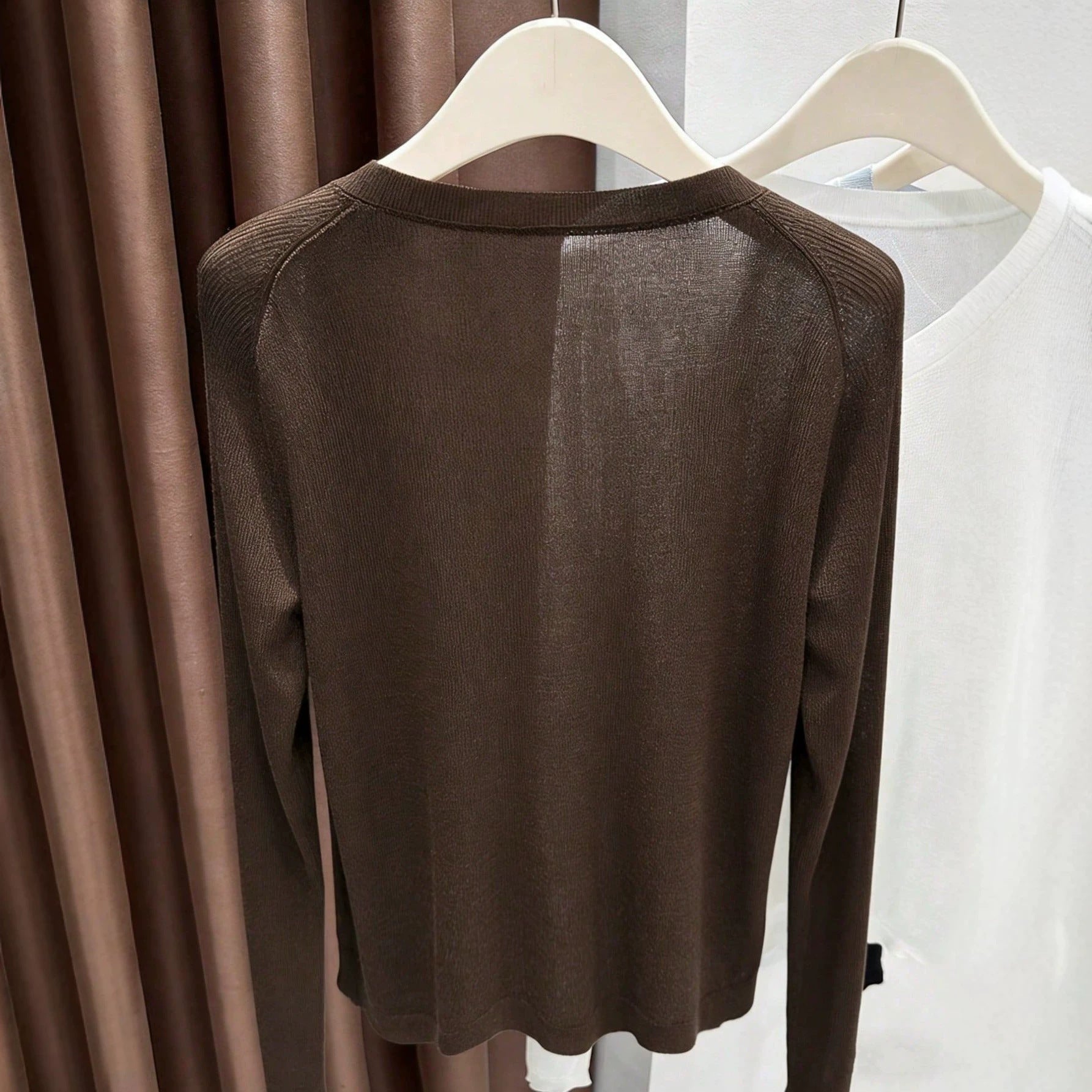 Spring Summer Women's Knit Cardigan Solid Color Round Neck Long Sleeve Lightweight Semi-Transparent Lyocell Tencel Cardigan