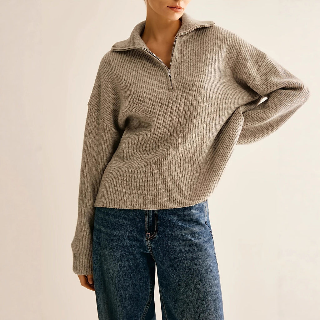 Elegant Casual Pullover for Women, Solid Color, Half-Zip Design with Lapel Collar
