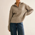 Elegant Casual Pullover for Women, Solid Color, Half-Zip Design with Lapel Collar