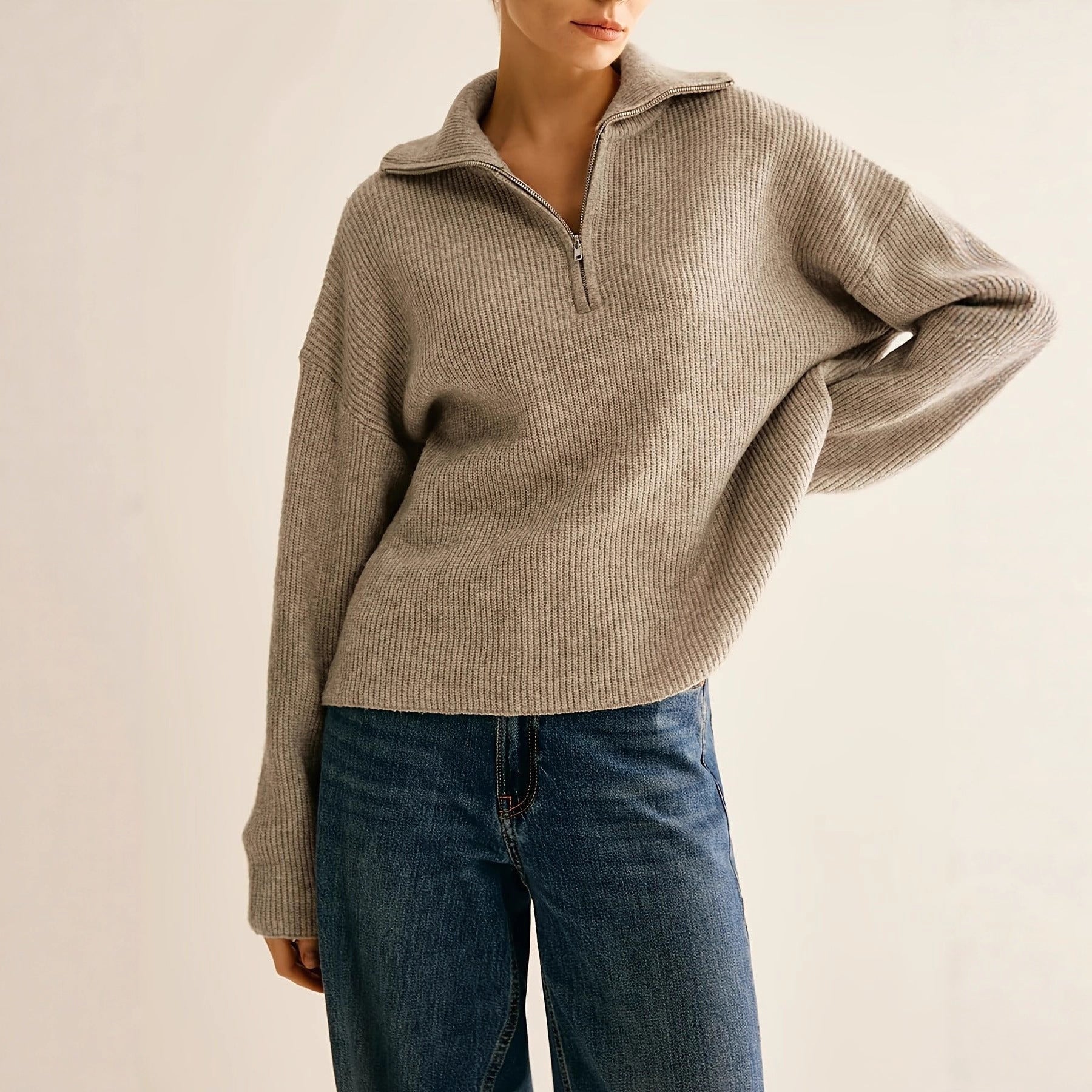 Elegant Casual Pullover for Women, Solid Color, Half-Zip Design with Lapel Collar