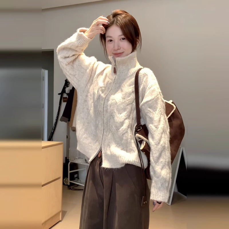 Casual Loose High Neck Knit Sweater Women Thickened Double Zipper Design Cardigan Coat