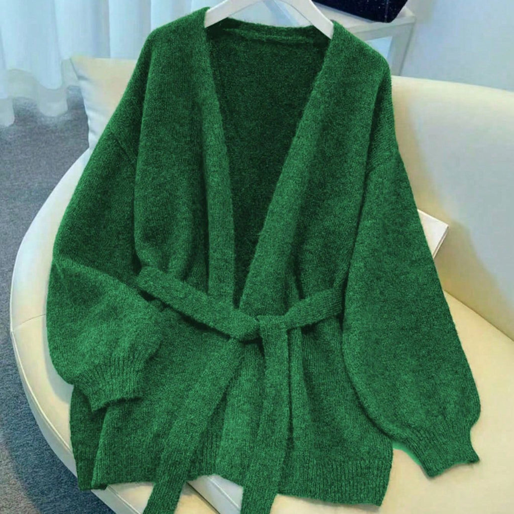 Elegant Casual Knitted Cardigan for Women, Loose Bohemian Style with Waist Tie, Autumn Winter Fashion