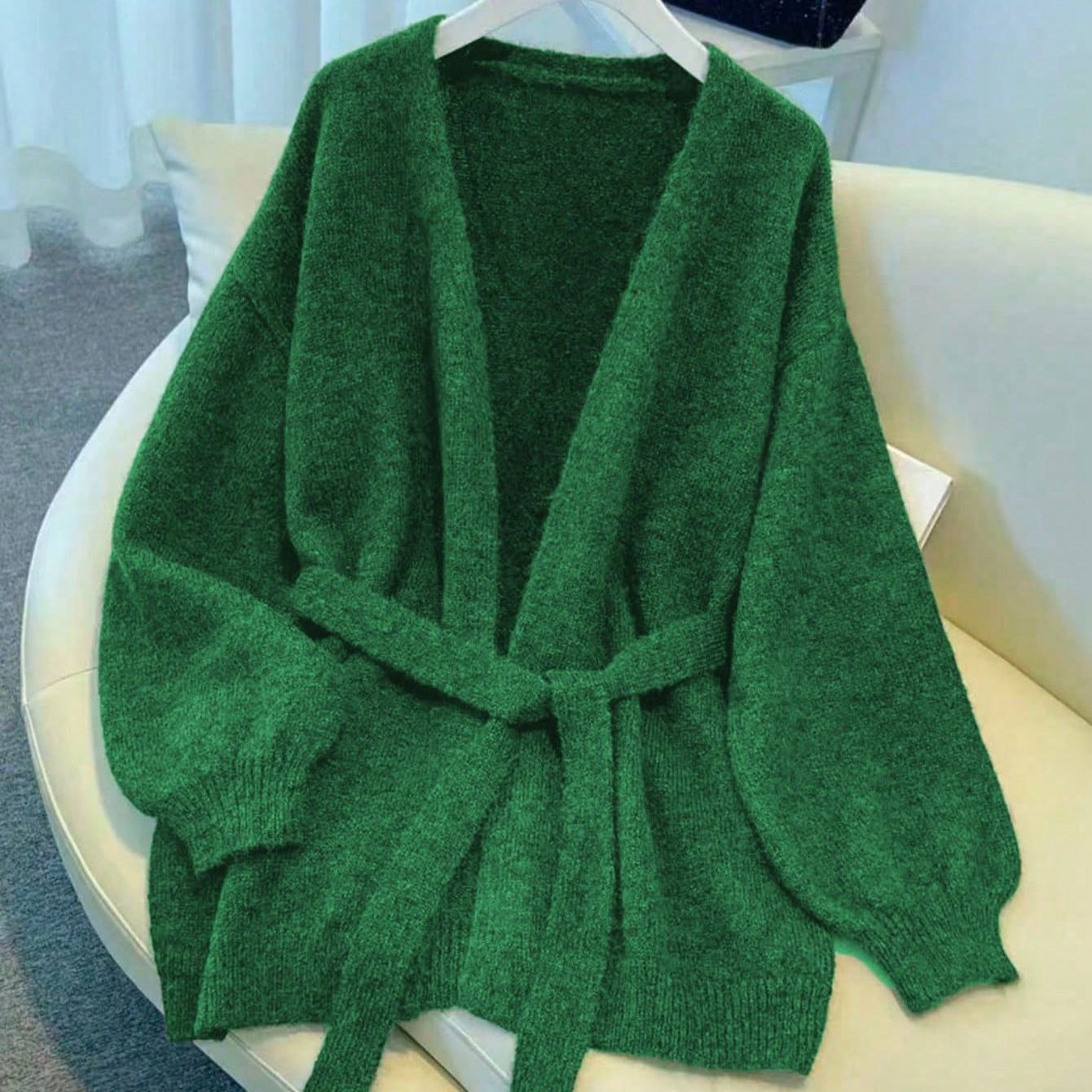 Elegant Casual Knitted Cardigan for Women, Loose Bohemian Style with Waist Tie, Autumn Winter Fashion