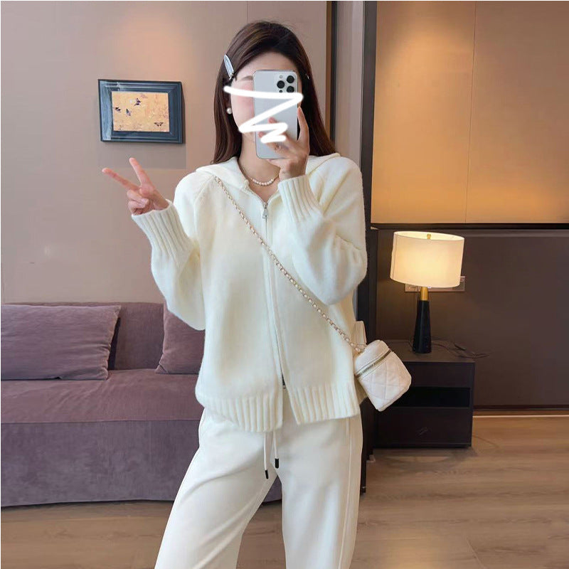 Soft White Hooded Knit Cardigan for Women, Autumn Winter Inner Layer, Cozy and Elegant Long Sleeve Sweater Coat