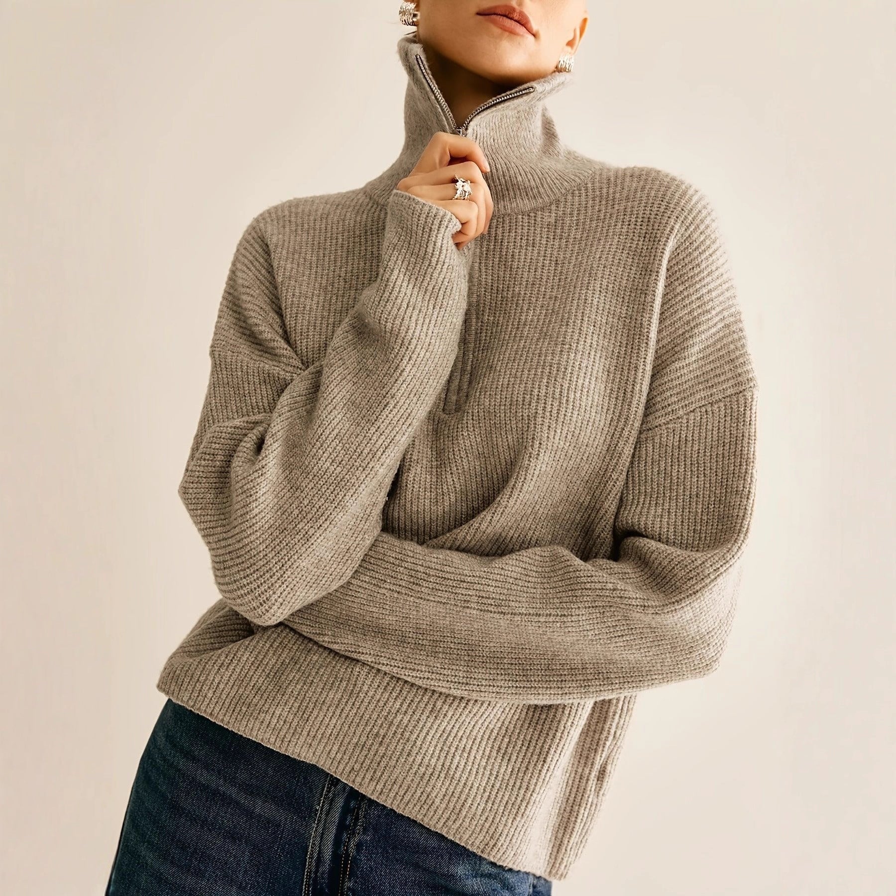 Elegant Casual Pullover for Women, Solid Color, Half-Zip Design with Lapel Collar