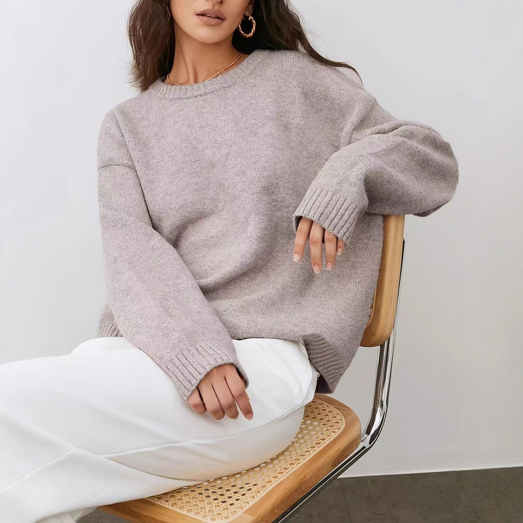 Solid Color Round Neck Sweater for Women, Soft Knit Top for Autumn and Winter