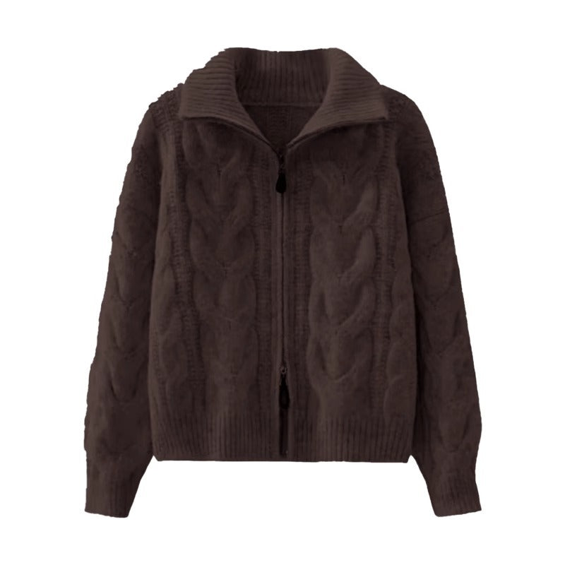Casual Loose High Neck Knit Sweater Women Thickened Double Zipper Design Cardigan Coat