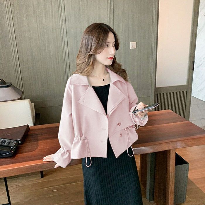 Women's autumn new women's clothing Korean version drawstring solid color short style windbreaker goddess versatile small and light mature top