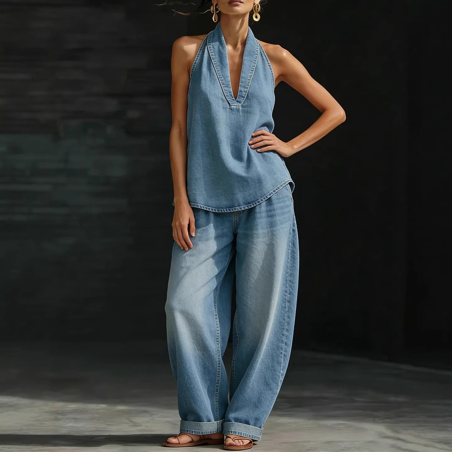 V-neck sleeveless top straight leg pants set