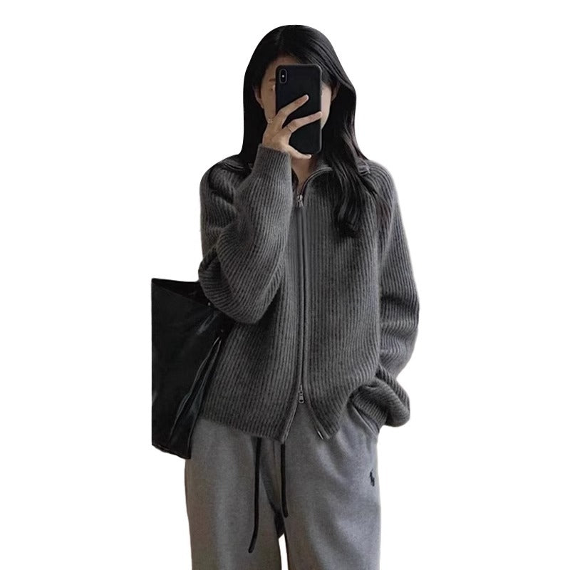 Vintage Gray Lapel Knit Cardigan Coat for Women, Spring and Autumn, Loose Bohemian Style, Wearable Double Zipper High Neck