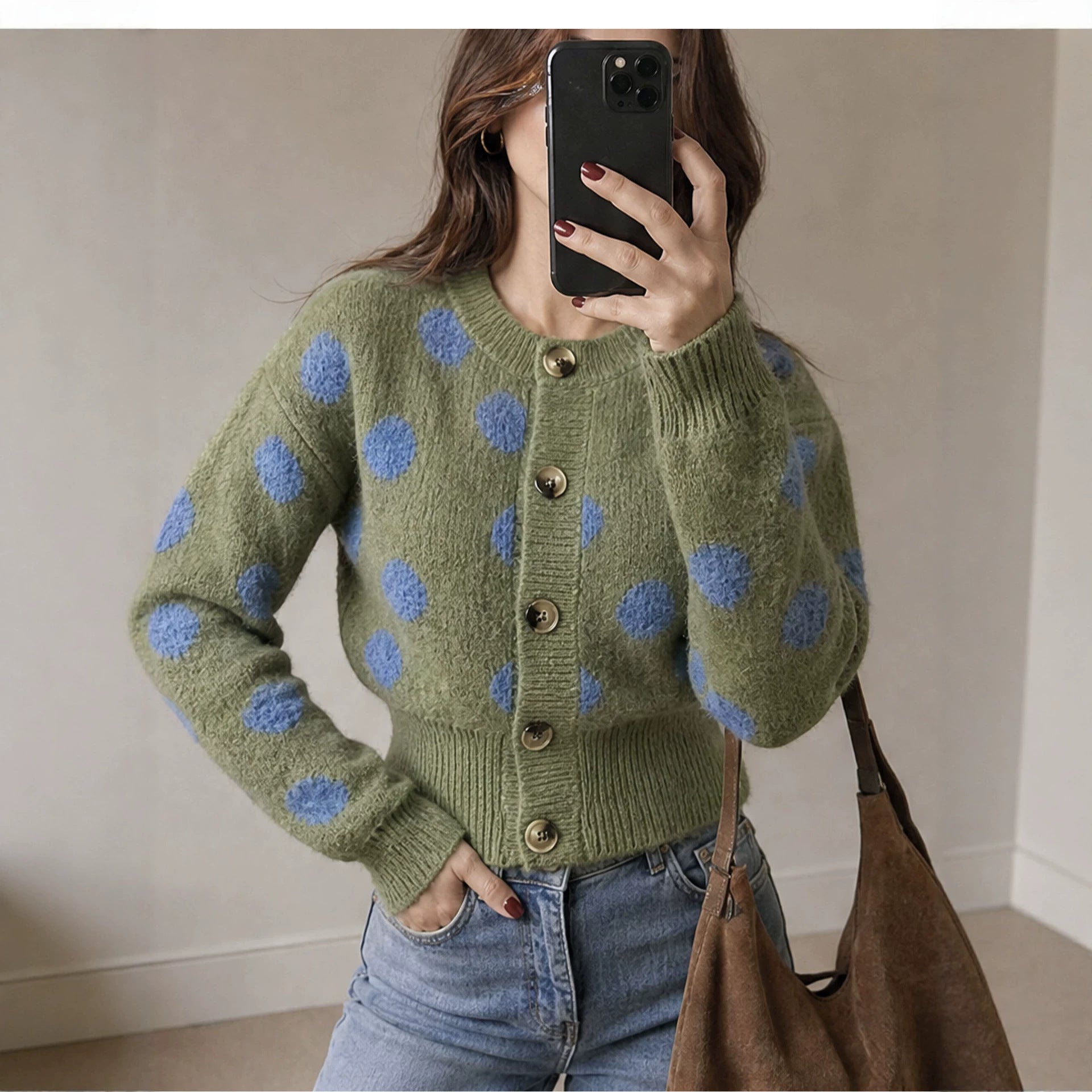 Vintage Round Neck Open Front Knit Sweater Women Autumn Winter New Green Polka Dot Single Buttoned Top Coat