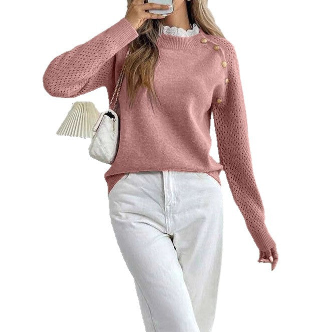 Women’s Lace Patchwork Round Neck Loose Knit Sweater