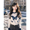 White Butterfly Print Knit Sweater for Women, Fashion Design, Unique and Stylish Top