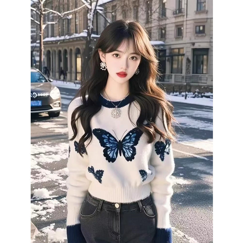 White Butterfly Print Knit Sweater for Women, Fashion Design, Unique and Stylish Top
