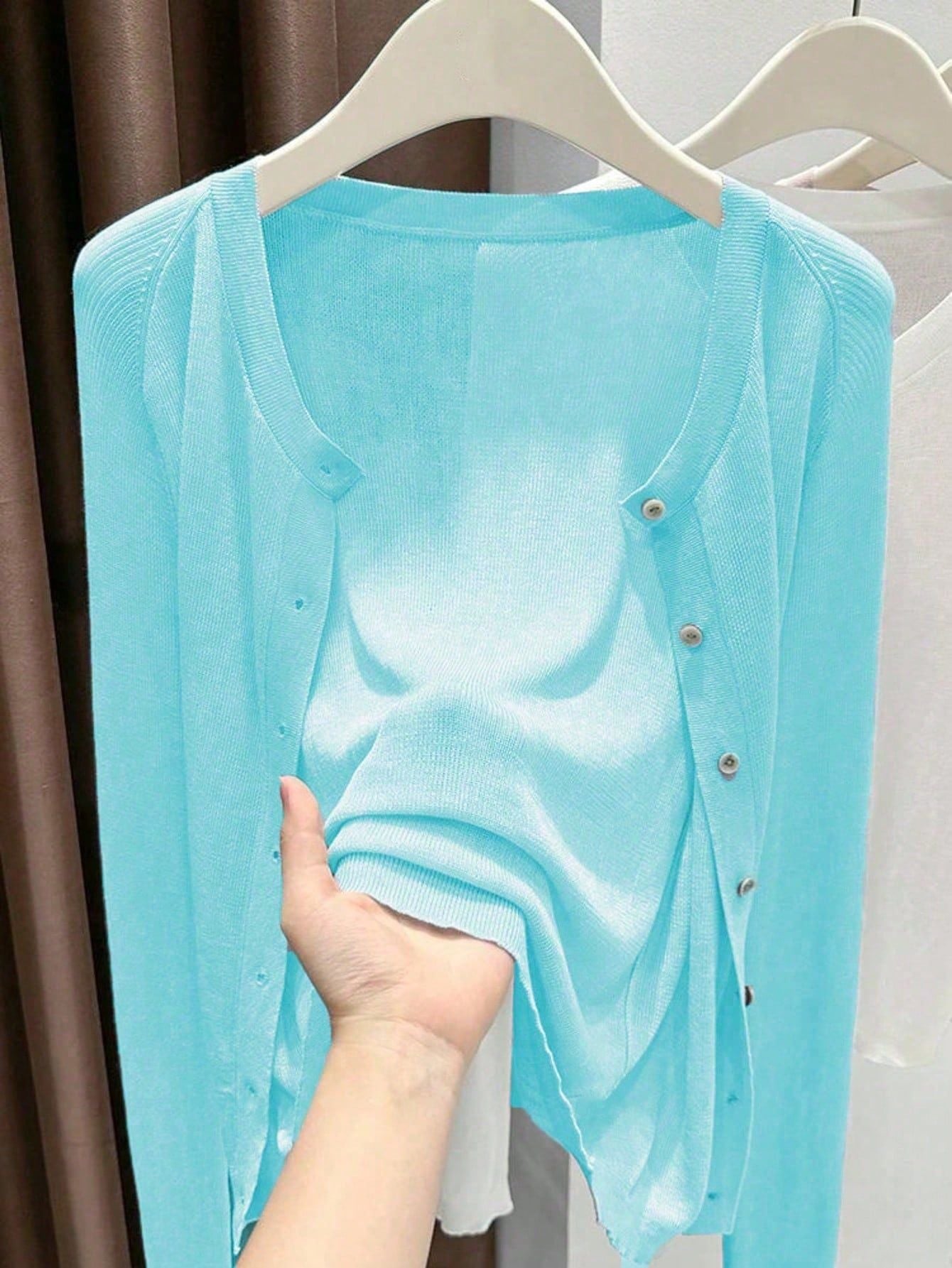 Spring Summer Women's Knit Cardigan Solid Color Round Neck Long Sleeve Lightweight Semi-Transparent Lyocell Tencel Cardigan