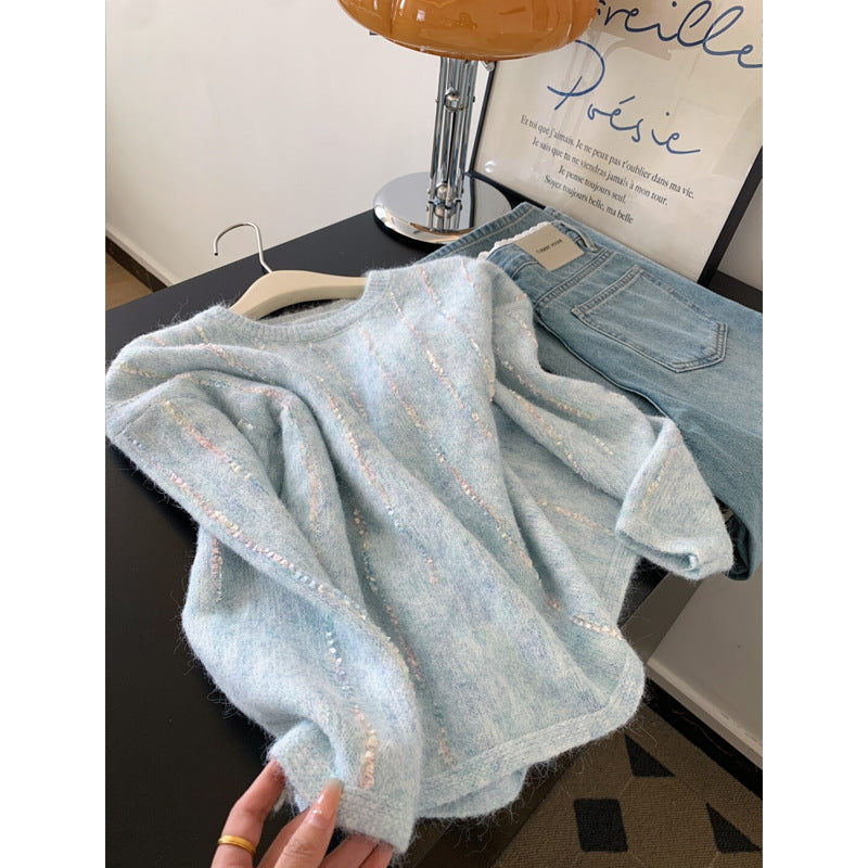Chic Blue Stripe Crewneck Long Sleeve Knit Sweater for Women, Wearable as Outer or Inner Layer, Soft and Elegant Top