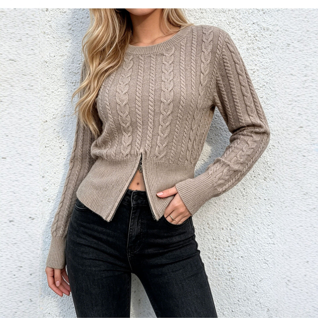 Women’s Soft Cable Knit Round Neck Sweater – Casual Long Sleeve Pullover