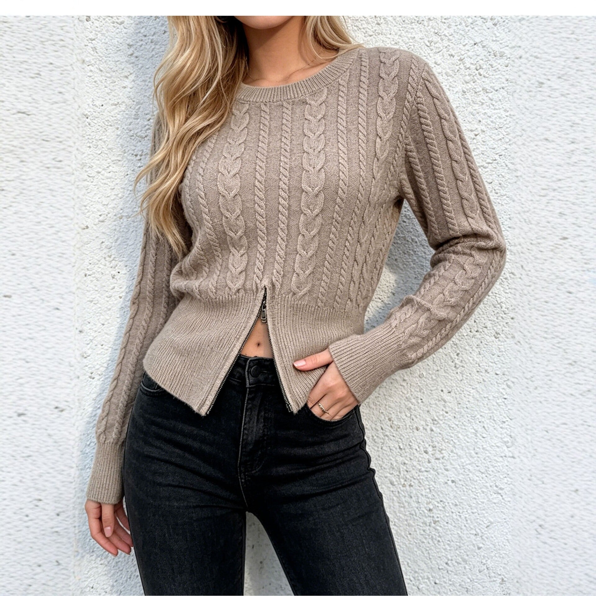 Women’s Soft Cable Knit Round Neck Sweater – Casual Long Sleeve Pullover